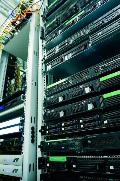 Organized enterprise server racks and network cabling